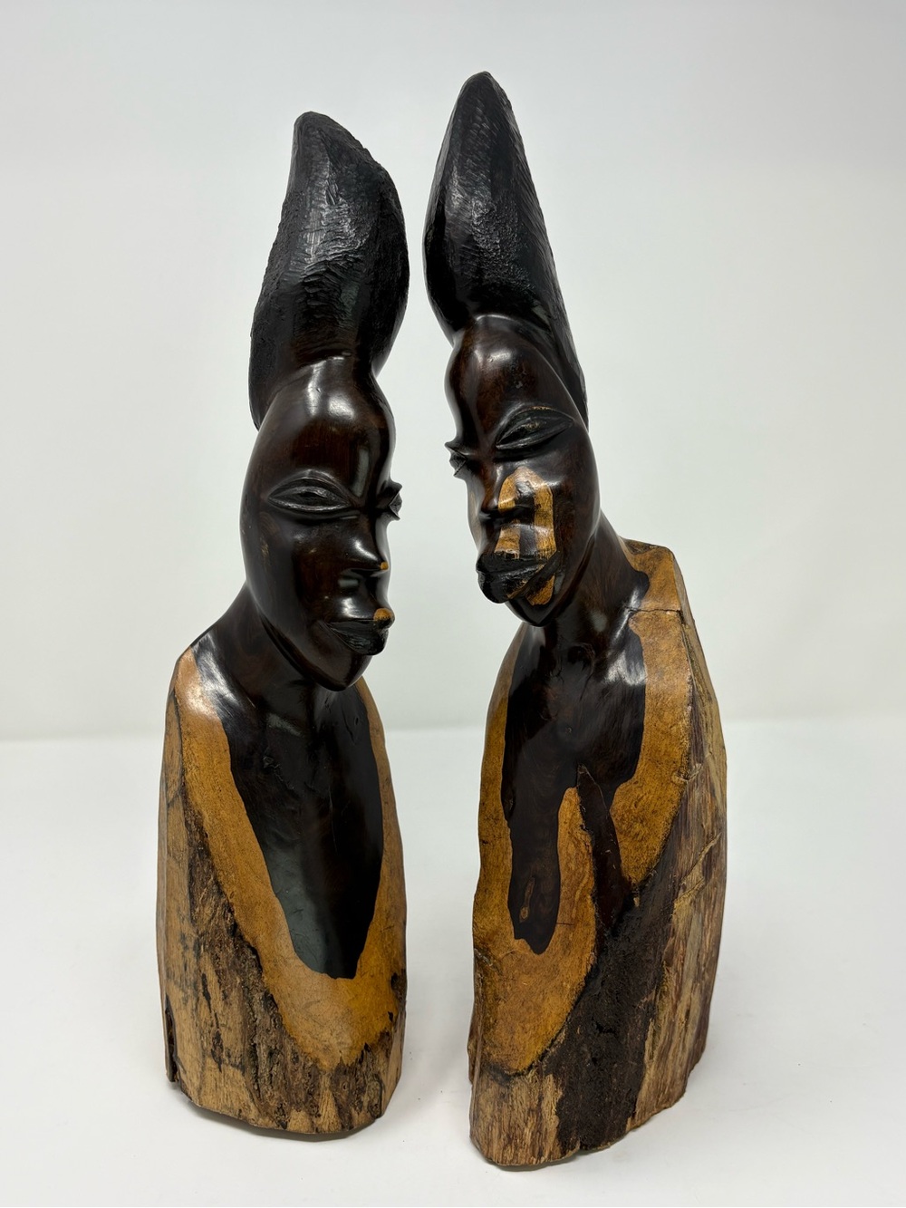 Vintage African Ebony Wood Raw Edge Bust Sculptures Pair 13” Tall Carved MCM